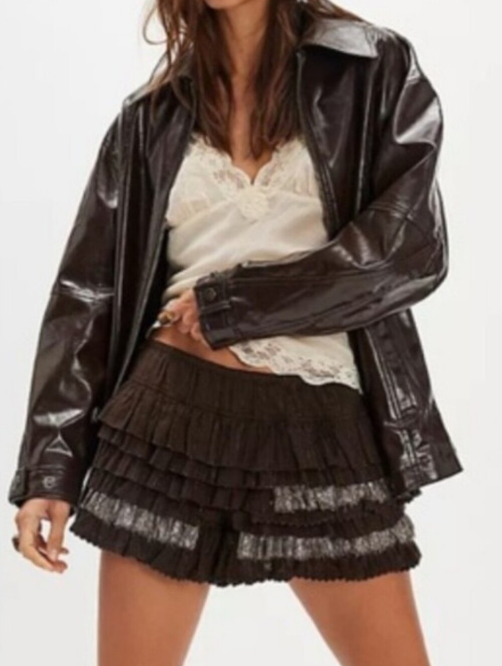 Free People Labor Of Love Bloomer Shorts XL Brown Ruffle Lace Coquette Mini